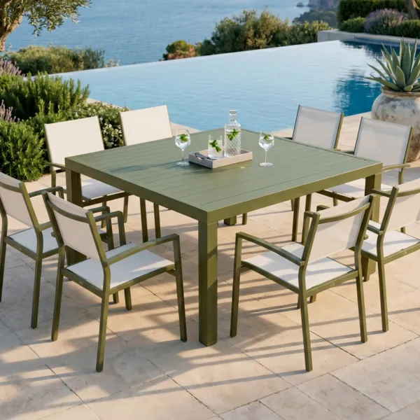 Tavolo da giardino quadrato in alluminio 8 posti (136 x 136 cm) Murano Verde oliva
