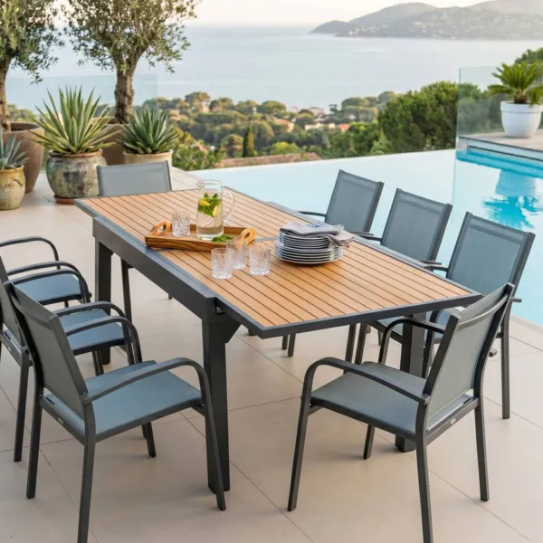 Tavolo da giardino allungabile 10 posti Alluminio effetto legno Murano (270 x 90 cm) Grigio antracite