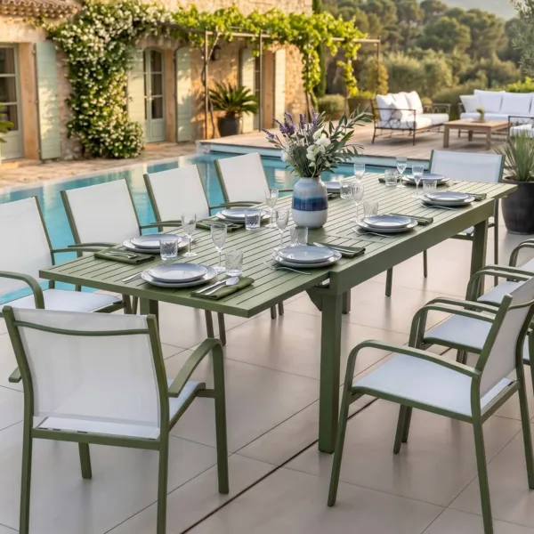 Mesa de jardín extensible de aluminio 12 personas (200/320 x 100 cm) Murano Verde oliva