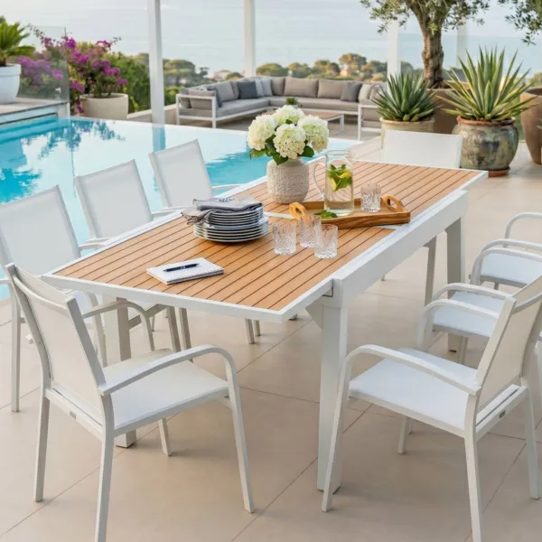 Tavolo da giardino allungabile 10 posti Alluminio effetto legno Murano (270 x 90 cm) Bianco