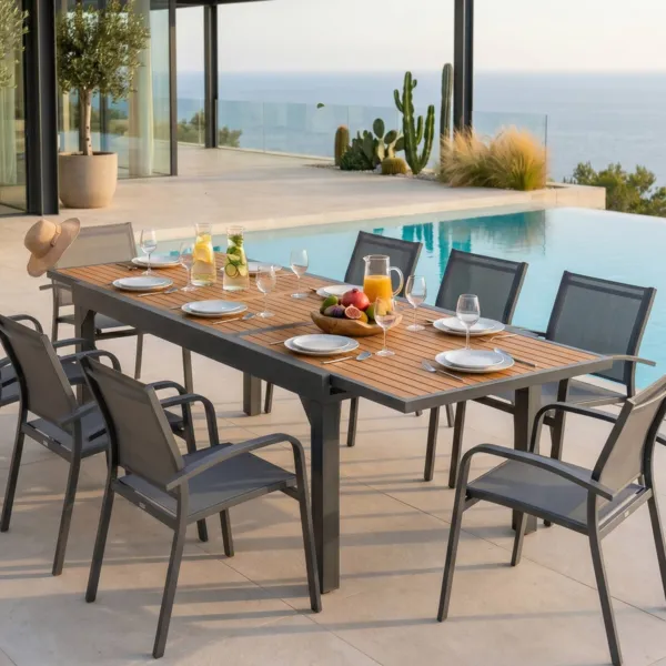Table de jardin extensible en aluminium 12 places (200/320 x 100 cm) Murano Gris anthracite et effet bois