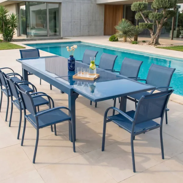 Table de jardin extensible en verre 12 places (200/320 x 100 cm) Murano Bleu p�trole