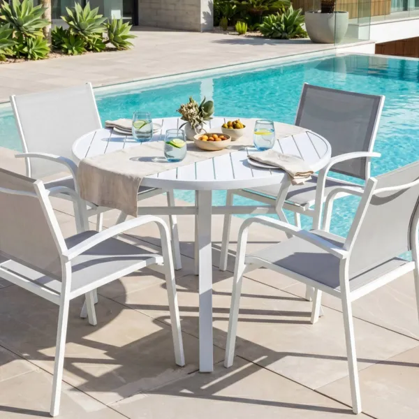 Table de jardin ronde en aluminium 5 places (D105 cm) Murano Blanc