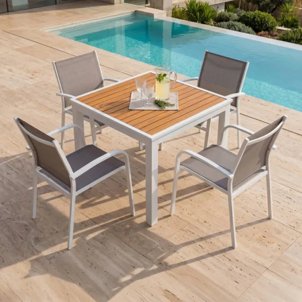 Table de jardin carr�e en aluminium 4 places (89 x 89 cm) Murano Blanc et effet bois