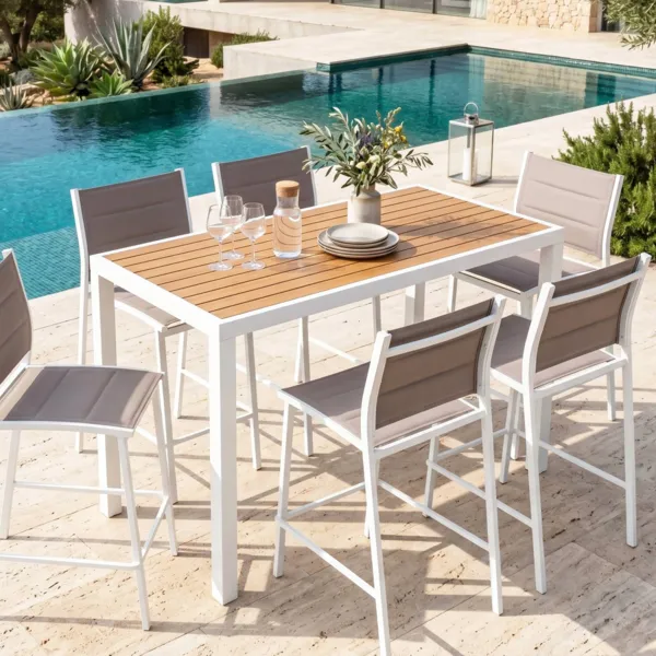 Mesa alta de jard�n de aluminio para 6 personas efecto madera (160 x H105 cm) Murano Blanco