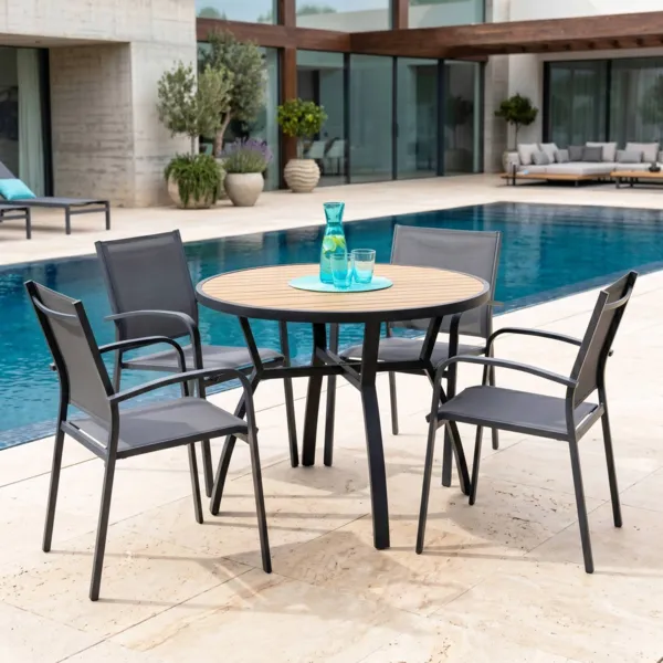 Table de jardin ronde en aluminium 5 places (D105 cm) Murano Gris anthracite et effet bois