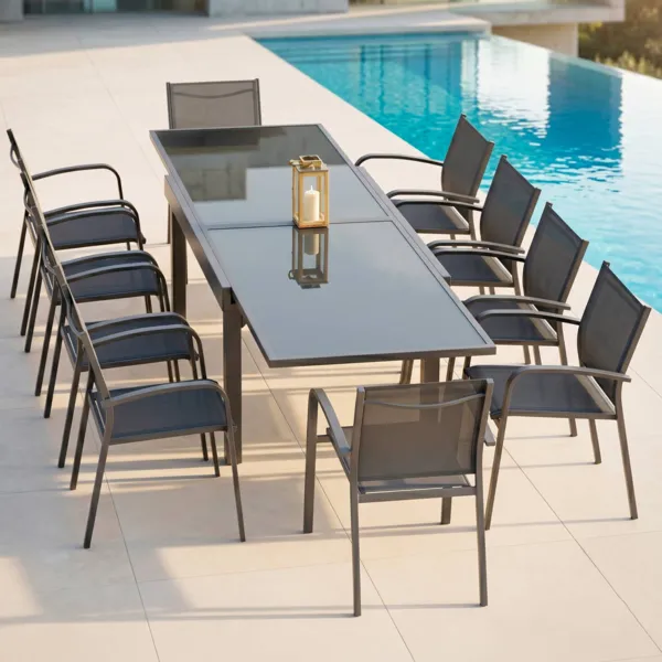 Tuintafel uitschuifbaar 10 personen met glazen blad Murano (270 x 90 cm) - Antraciet