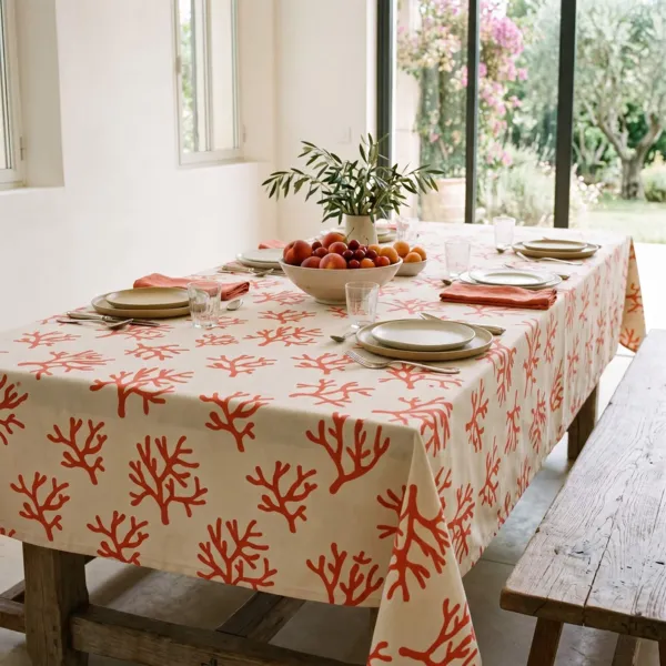 Mantel rectangular de algod�n revestido (150 x 350 cm) Moorea coral