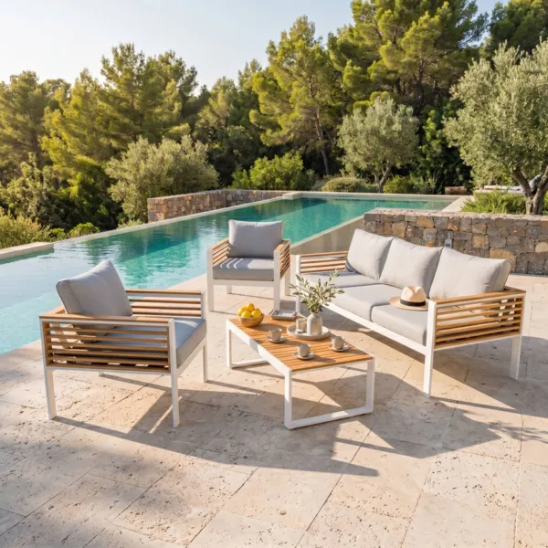 Salon de jardin aluminium et bois teck 5 places Bali Blanc et gris clair