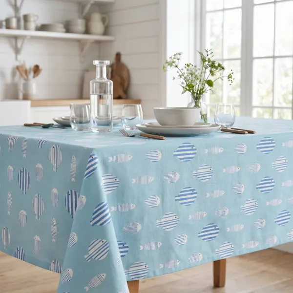 Rechthoekig gecoat katoenen tafelkleed (150 x 250 cm) Blauwe Vis