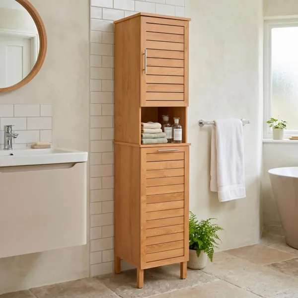 Meuble colonne salle de bain paniere � linge int�gr�e bois (173 x 38 cm) Colonial Naturel