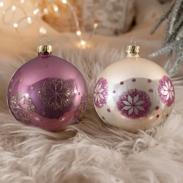 Set di 6 palline di Natale in vetro (D80 mm) Medaglione di neve Rosa e perla