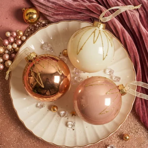 Lot de 12 boules de No�l en verre (D80 mm) chic Cognac, blanc laine et p�che