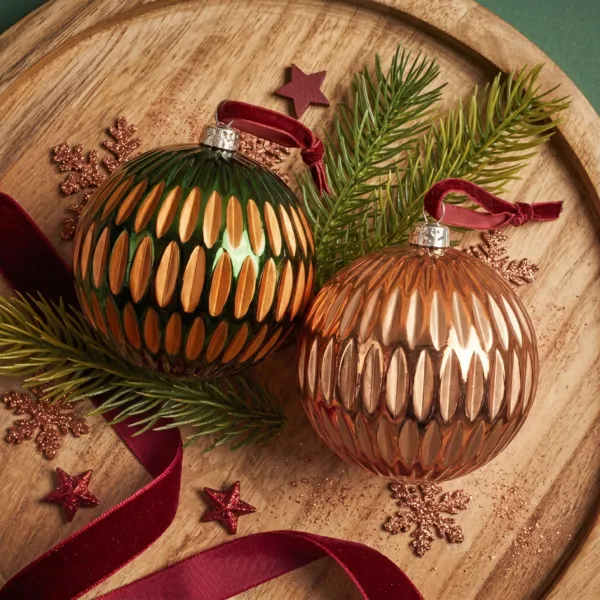 Set van 12 kerstballen (D80 mm) Luxe Retro Oranje en dennengroen