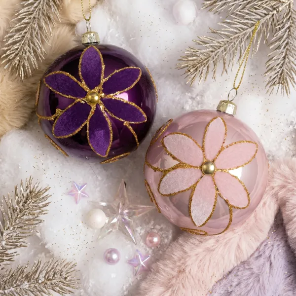 Set van 12 kerstballen (D80 mm) Majestueuze bloemen Vijg en roze