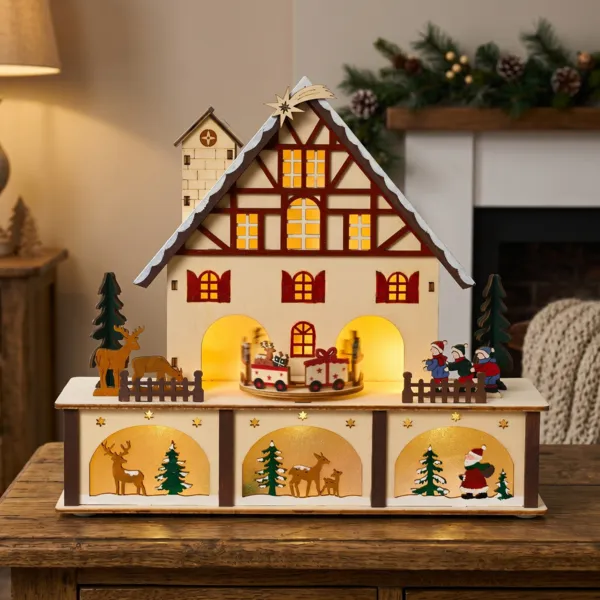 Village de No�l en bois lumineux et musical � piles (27 x H24 cm) Chalet Suisse Color�
