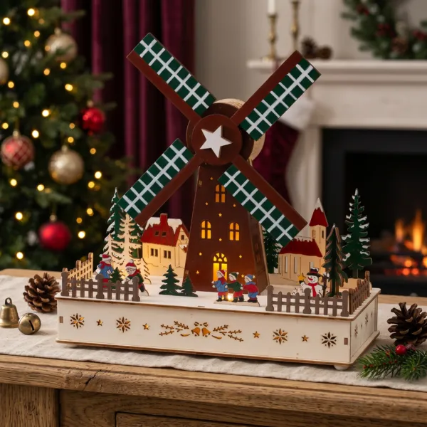 Lichtgevend, geanimeerd en muzikaal houten kerstdorp op batterijen (H29 cm) Windmolen