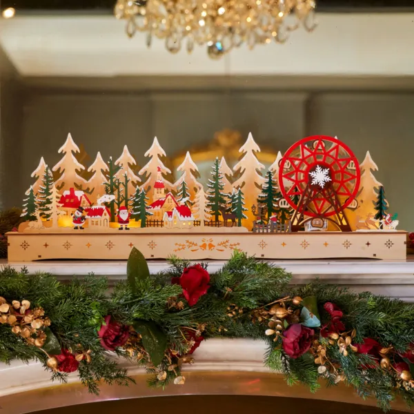 Villaggio di Natale in legno luminoso, musicale e animato a pile (H25 cm) Scene di Natale