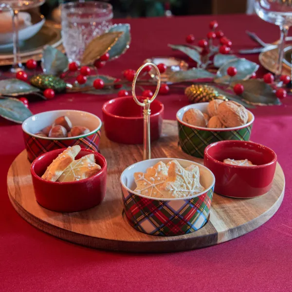 Tapas-Set 6 Schalen und Tablett (D20 cm) Rot-Gr�nes Tartan