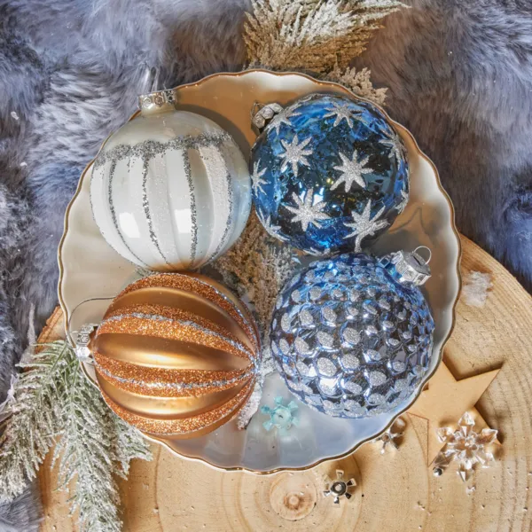 Lot de 12 boules de No�l en verre (D80 mm) Majesty Bleu nuit, blanc et caramel
