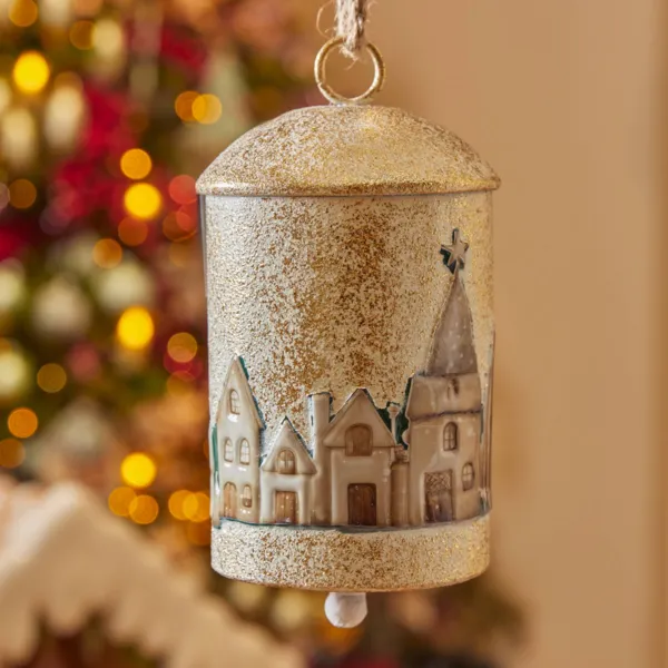 Suspension de No�l en m�tal (H19 cm) Cloche et village Blanc antique