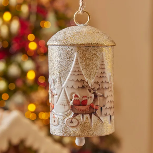 Suspension de No�l en m�tal (H19 cm) Cloche et rennes Blanc antique