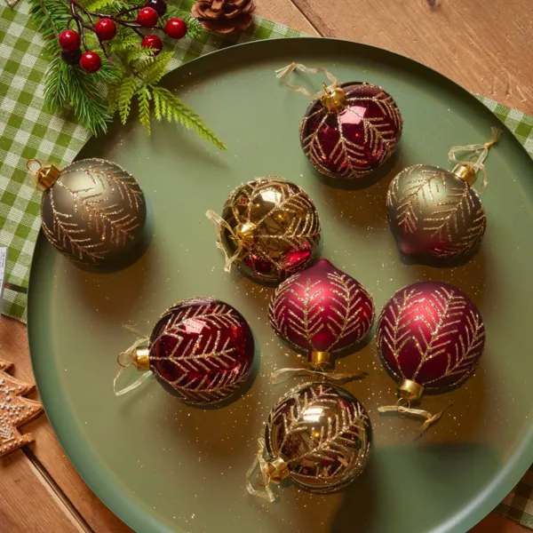 Lote de 12 bolas de Navidad de vidrio (D80 mm) Garden Burdeos y verde romero
