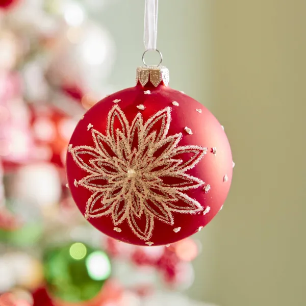 Set di 6 palline di natale in vetro (D80 mm) Fiore di Montagna Rosso glitterato argento