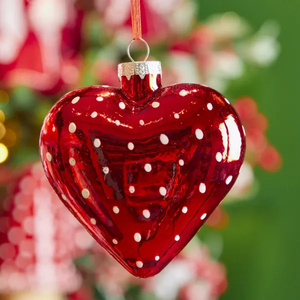 Weihnachtsanh�nger aus Glas (D10 cm) Herz mit Punkten Wei�