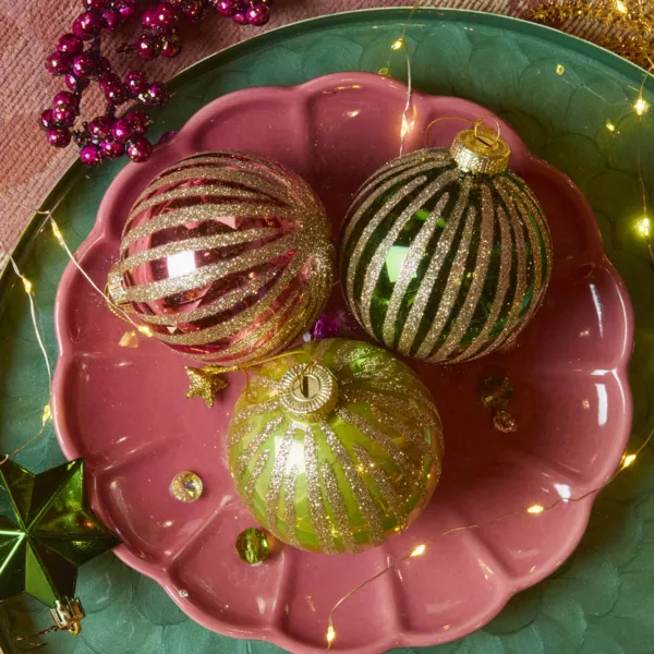 Set di 12 palline di natale in vetro (D80 mm) Spirali di Luce Verde e rosa scuro