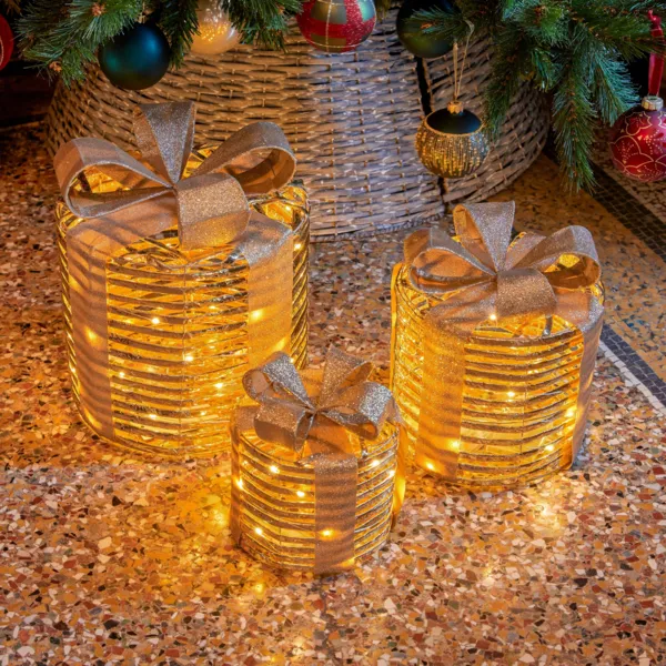 Set di 3 regali luminosi a pile 90 LED (H30 cm) Gift Oro e bianco caldo