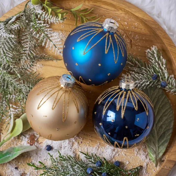 Set von 12 Weihnachtskugeln aus Glas (D80 mm) Mitternachtsschätze in Nachtblau und Gold