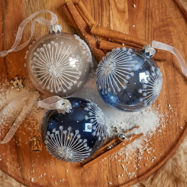 Lote de 6 bolas de Navidad de vidrio (D80 mm) Copos Plateados Azul