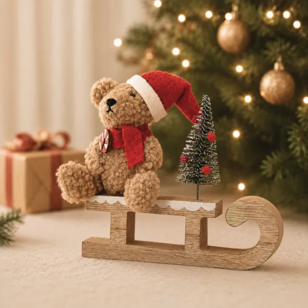 Slitta di Natale in legno (H15 cm) Orso di peluche Naturale