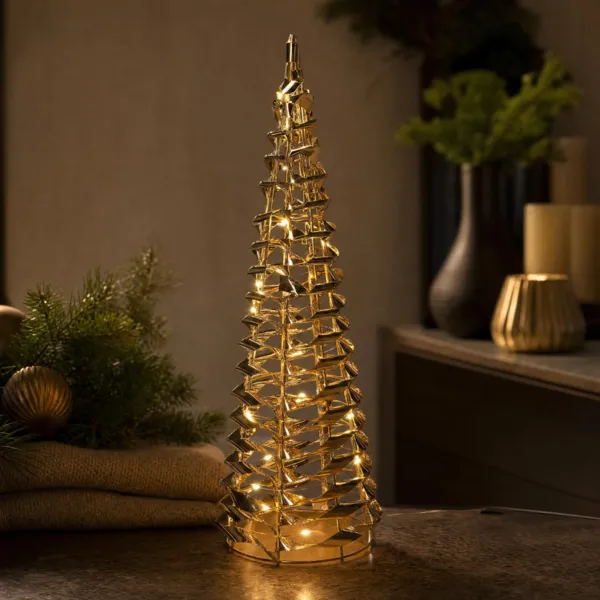 Batterijverlichte kegel met 30 micro-leds (H40 cm) Christmas Goud