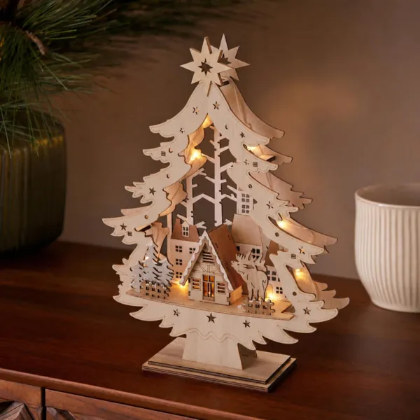 Albero di Natale in legno luminoso (H39 cm) Stella Dorata