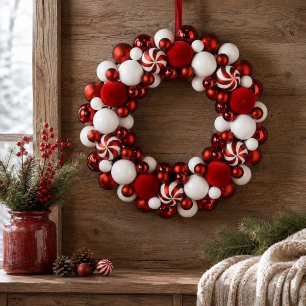 Corona de Navidad (D43 cm) Bolas de terciopelo Rojo y blanco