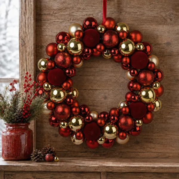 Corona de Navidad (D43 cm) Bolas de terciopelo Burdeos y oro