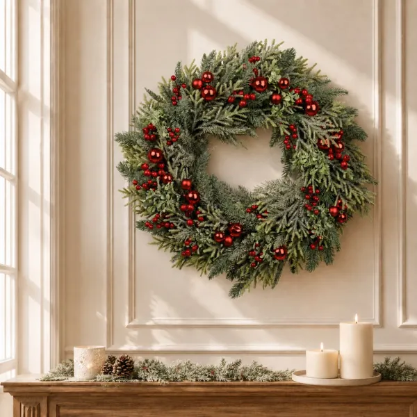 Julekrans (D60 cm) Frostet Vinterb�r Gr�n og R�d