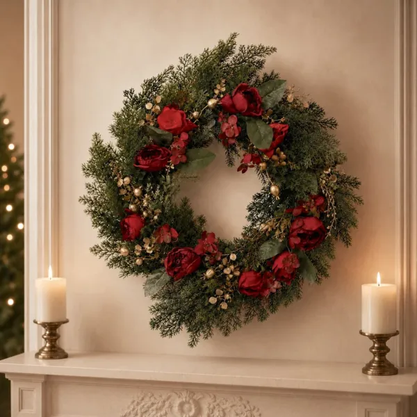 Julekrans (D60 cm) Roser og b�r R�d og guld