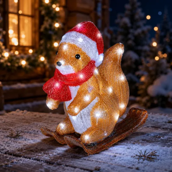 Scoiattolo Sciatore luminoso a pile 30 LED (H29 cm) Nino Sciatore Bianco freddo