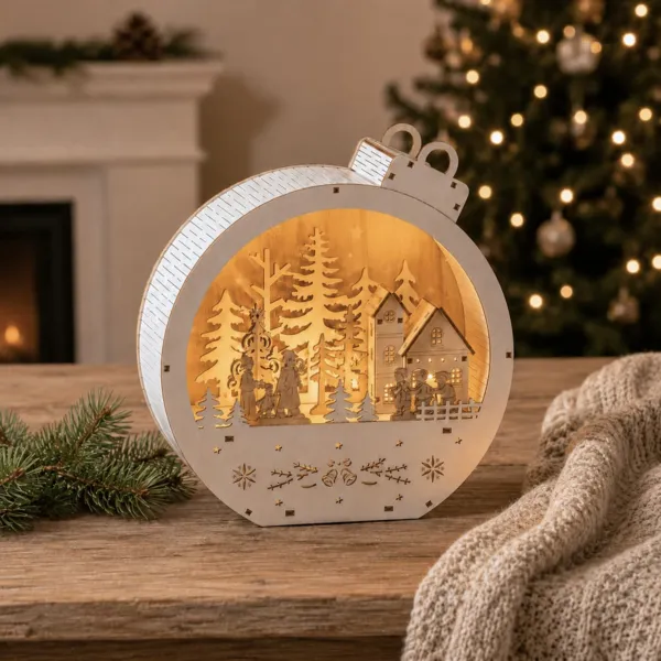 Weihnachtsdorf aus Holz mit Batteriebetrieb und Beleuchtung (H22 cm) Wei�e Weihnachtskugel