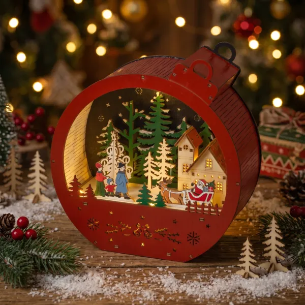 Village de No�l en bois lumineux � piles (H22 cm) Boule de No�l Rouge