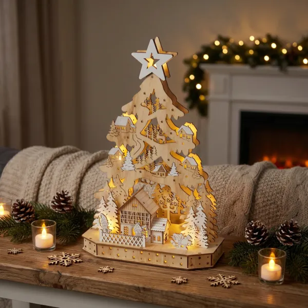 Weihnachtsdorf aus Holz mit Batteriebetrieb und Beleuchtung (H40 cm) Sternenberg Warmwei�