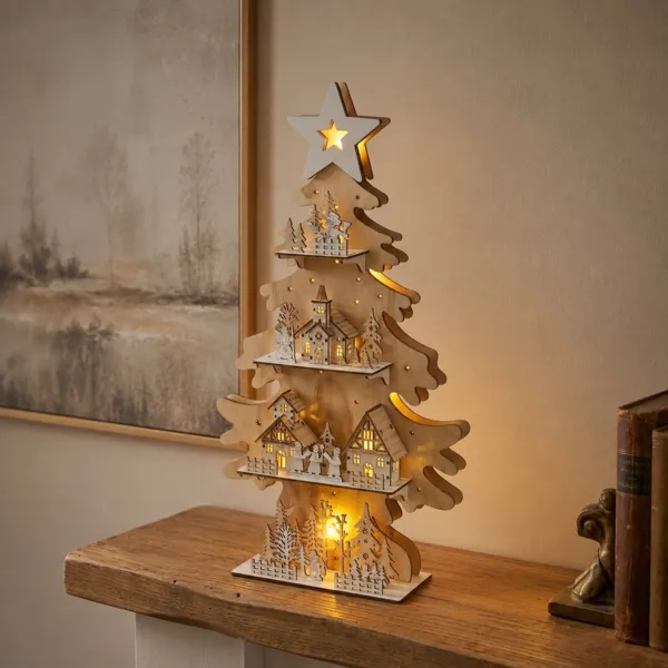 Villaggio di Natale in legno luminoso a pile (H58 cm) L'albero dei paesani