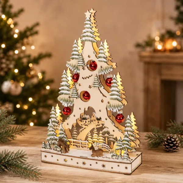 Village de No�l en bois lumineux � piles (H33 cm) Sapin et ses boules Rouges