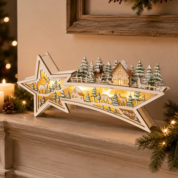 Villaggio di Natale in legno luminoso a pile (H18 cm) Stella cadente