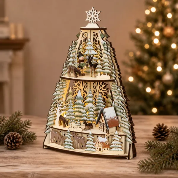 Villaggio di Natale in legno luminoso a pile (H35 cm) Renne nella foresta