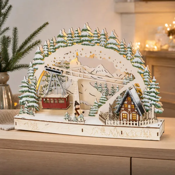 Villaggio di Natale in legno luminoso a pile (H31 cm) Funivia e villaggio
