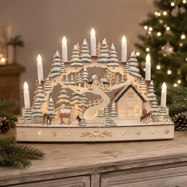 Villaggio di Natale in legno luminoso a pile (H31 cm) Candele festive Bianco caldo